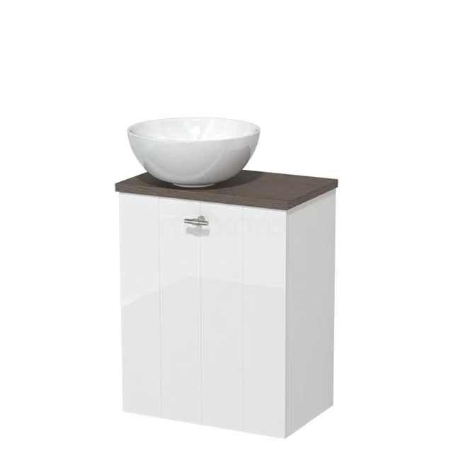 Toilet unit with countertop wash basin | 41 cm High-gloss white Lamel front High-gloss white Ceramic countertop wash basin Dark brown oak worktop TMK10-05545