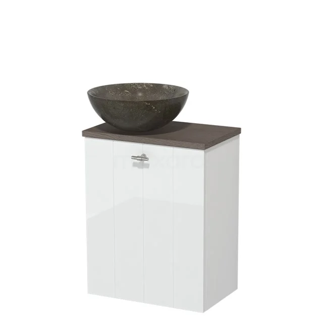 Toiletmeubel met waskom | 41 cm Hoogglans wit Lamel front Blue stone Natuursteen waskom Donkerbruin eiken blad TMK10-05546