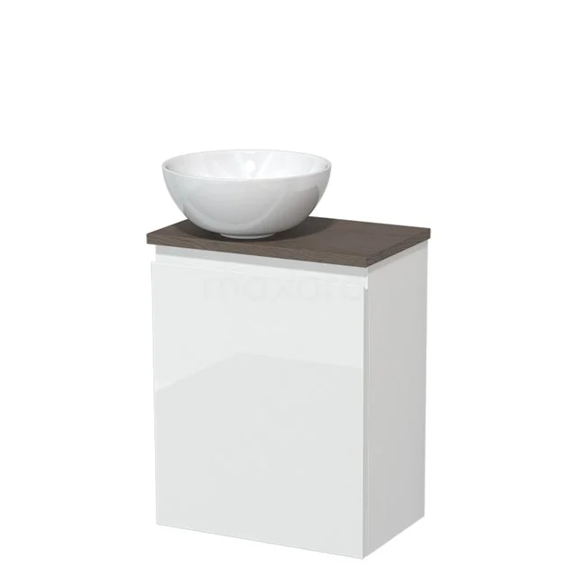 Toilet unit with countertop wash basin | 41 cm High-gloss white Handleless front High-gloss white Ceramic countertop wash basin Dark brown oak worktop TMK10-05550