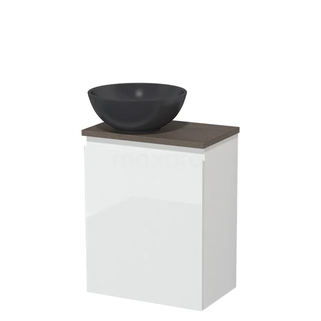 Toilet unit with countertop wash basin | 41 cm High-gloss white Handleless front Matte black Quartz worktop Dark brown oak worktop TMK10-05559