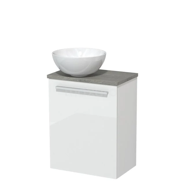 Kompakte weiße Badmöbel mit grauer Platte und modernem rundes Waschbecken, ideal für stilvolle Badezimmergestaltung.