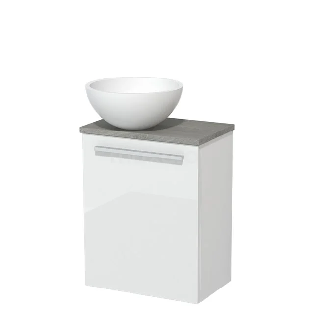 Toilet unit with wash basin | 41 cm High-gloss white Flat front Matte white Solidtop wash basin Grey oak worktop TMK10-00976