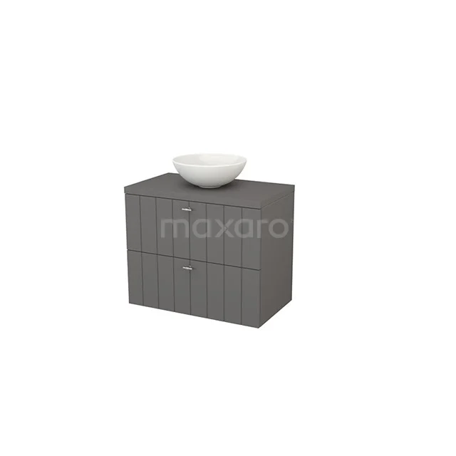 Modulo+ Plato Vanity units for countertop basin | 80 cm Basalt Slat front Basalt worktop 2 Stacked drawers BMK001773 Grey bathroom furniture set with basin, modern wood-look and two drawers for storage space.