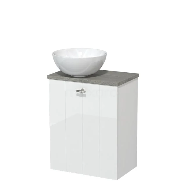 Weißes Badezimmermöbel mit grauer Holzplatte und rundem weißen Aufsatzwaschbecken, kompaktes Design für moderne Bäder.