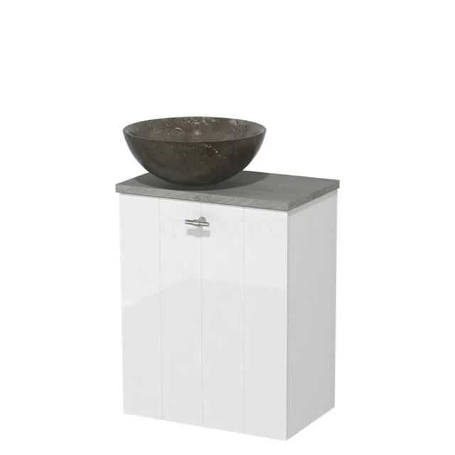 Toilet unit with wash basin | 41 cm High-gloss white Lamel front Blue stone Natural stone countertop wash basin Grey oak worktop TMK10-00979