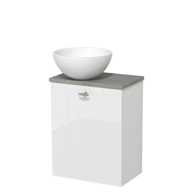 Toilet unit with countertop wash basin | 41 cm High-gloss white Lamel front Matte white Solid surface wash basin Grey oak worktop TMK10-00981