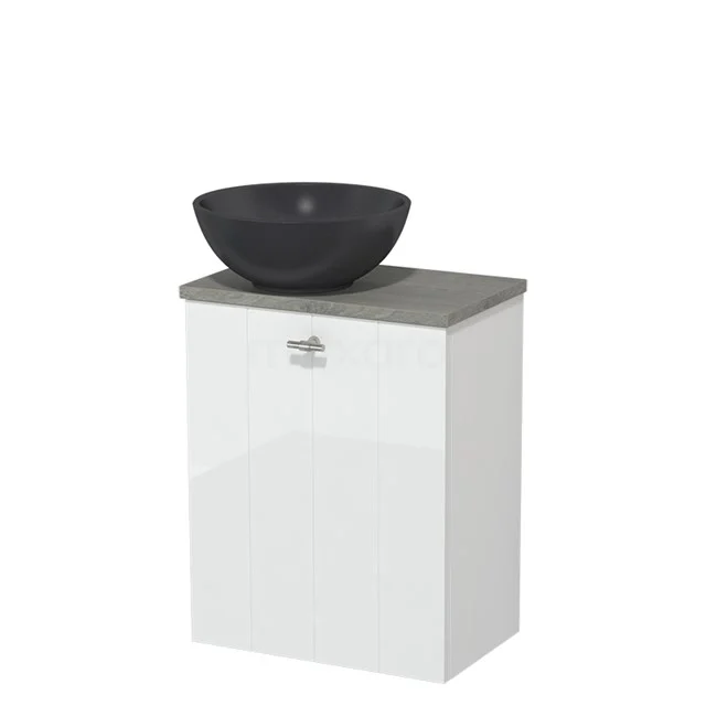 Countertop wash basin | 41 cm High-gloss white Lamel front Matte black Quartz worktop Grey oak worktop TMK10-00982