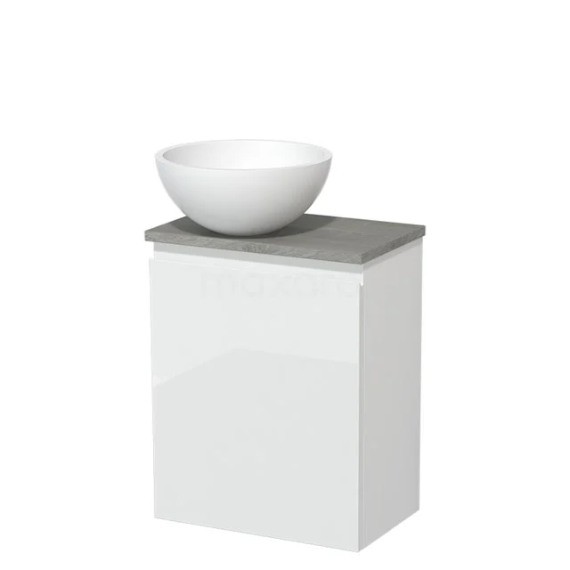 Toilet unit with countertop wash basin | 41 cm High-gloss white Handleless front Matte white Solid surface wash basin Grey oak worktop TMK10-00986