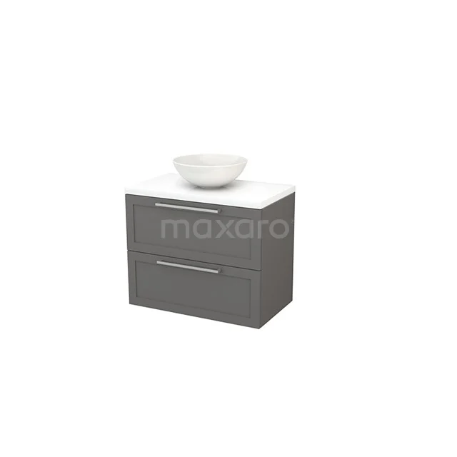 Modulo+ Plato Vanity units for countertop basin | 80 cm High-gloss white Frame front High-gloss white worktop 2 Stacked drawers BMK001775 Grey bathroom furniture set with basin, two drawers and white ceramic top, ideal for modern bathrooms.