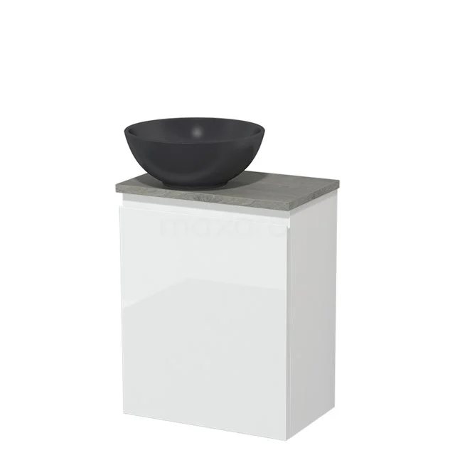 Toilet unit with countertop wash basin | 41 cm High-gloss white Handleless front Matte black Quartz worktop Grey oak worktop TMK10-00992