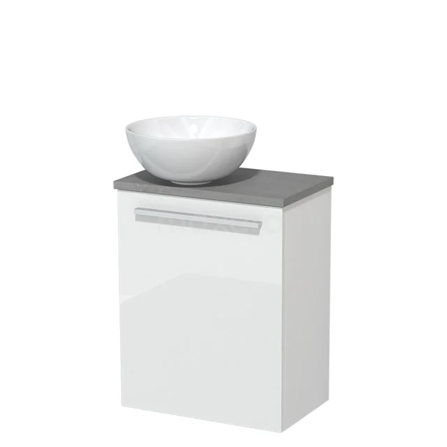 WC-Möbel mit Aufsatzwaschbecken | 41 cm Hochglanz Weiß Glatte Front Hochglanz Weiß Aufsatzwaschbecken aus Keramik Hellgrauer Beton Platte TMK10-05580 Weißes Badezimmermöbel mit grauer Platte und rundem Waschbecken, modernes Design, ideal für kompakte Bäder.