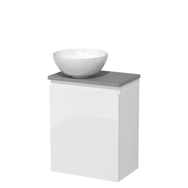 Toilet unit with countertop wash basin | 41 cm High-gloss white Handleless front High-gloss white Ceramic countertop wash basin Light grey concrete worktop TMK10-01008 White bathroom unit with grey top and round basin, modern design, compact size for small bathrooms.