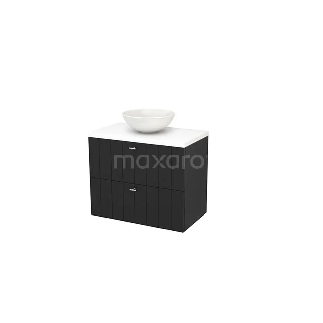 Modulo+ Plato Vanity units for countertop basin | 80 cm Matte white Slat front Matte white worktop 2 Stacked drawers BMK001783 Black bathroom unit with two drawers, white vanity units with basin and marble worktop; stylish and suitable for modern bathroom design.