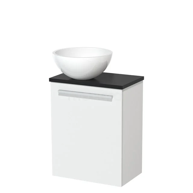 Weißes Badezimmermöbel mit schwarzer Platte und rundem weißen Waschbecken, elegantes Design, ideal für moderne Badezimmerdekoration.