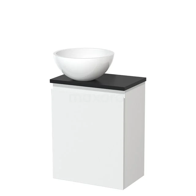 Toilet unit with countertop wash basin | 41 cm Matte white Handleless front High-gloss white Mineral marble wash basin Matte black worktop TMK10-04703