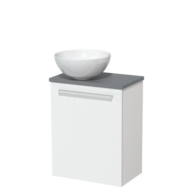 White bathroom cabinet with grey worktop and round basin, ideal for modern bathrooms, made of durable materials.