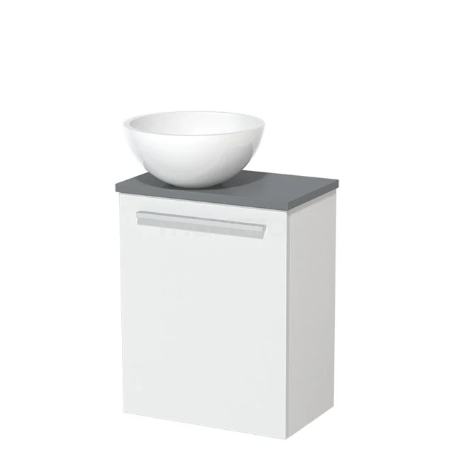 White bathroom cabinet with grey worktop and round ceramic countertop wash basin, sleek design matching modern bathroom decor.