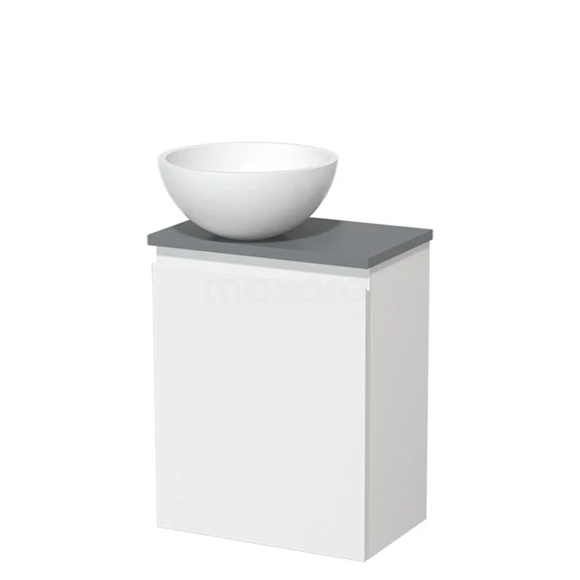 Toilet unit with handleless front Matte white Handleless front Matte white Solid surface wash basin Mid grey worktop TMK10-01071 White bathroom unit with grey worktop and round white countertop wash basin, ideal for a modern bathroom design.