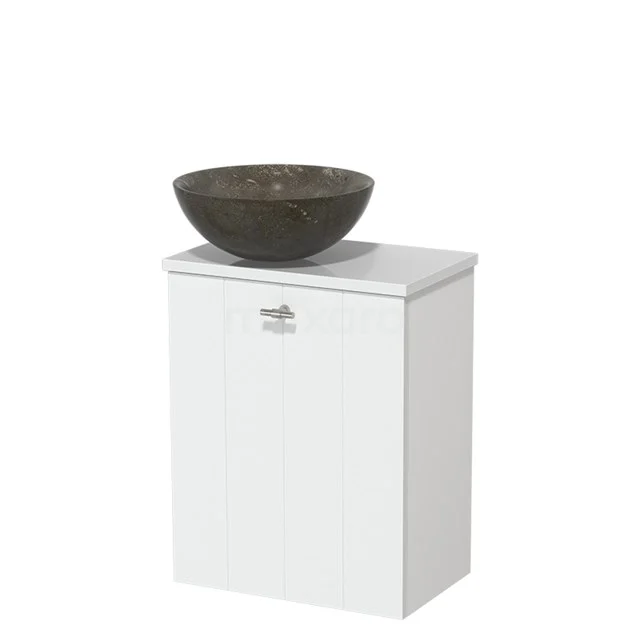 Toiletmeubel met waskom | 41 cm Mat wit Lamel front Blue stone Natuursteen waskom Hoogglans wit blad TMK10-05646