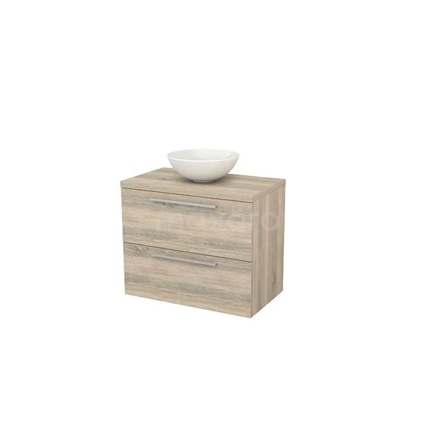 Modulo+ Plato Vanity units for countertop basin | 80 cm Oak Flat front Oak worktop 2 Stacked drawers BMK001794 Wooden bathroom unit with basin, oak finish, 2 drawers, space-saving design for a modern bathroom style.
