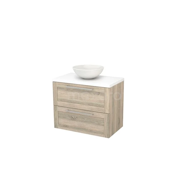 Wooden bathroom unit with two drawers, ceramic basin and white smooth top; modern design for a stylish bathroom.