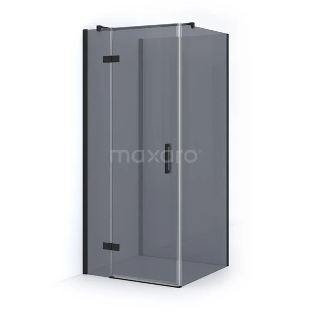 Modern shower enclosure with black accents, clear glass and angular design; ideal for a stylish bathroom.