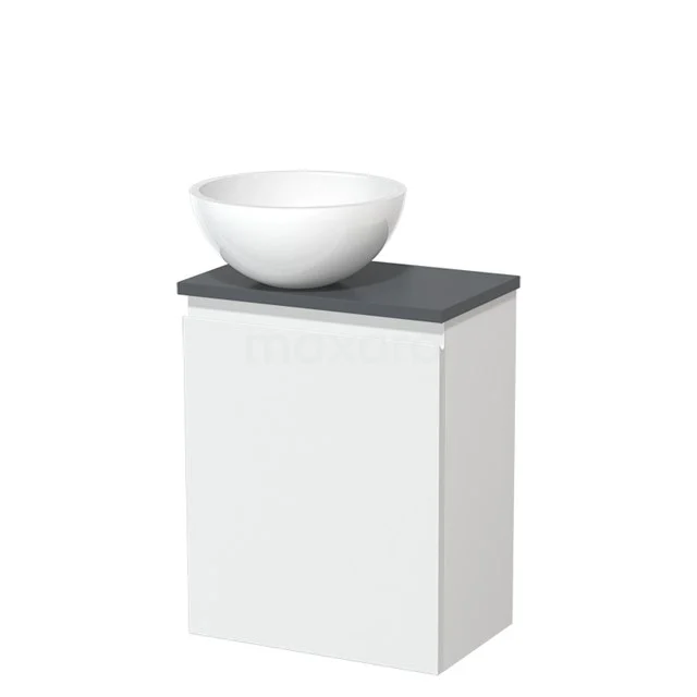 Toilet unit with countertop wash basin | 41 cm Matte white Handleless front High-gloss white Mineral marble countertop wash basin Dark grey worktop TMK10-01105 White bathroom unit with grey worktop and round basin, sleek design, ideal for modern bathrooms.