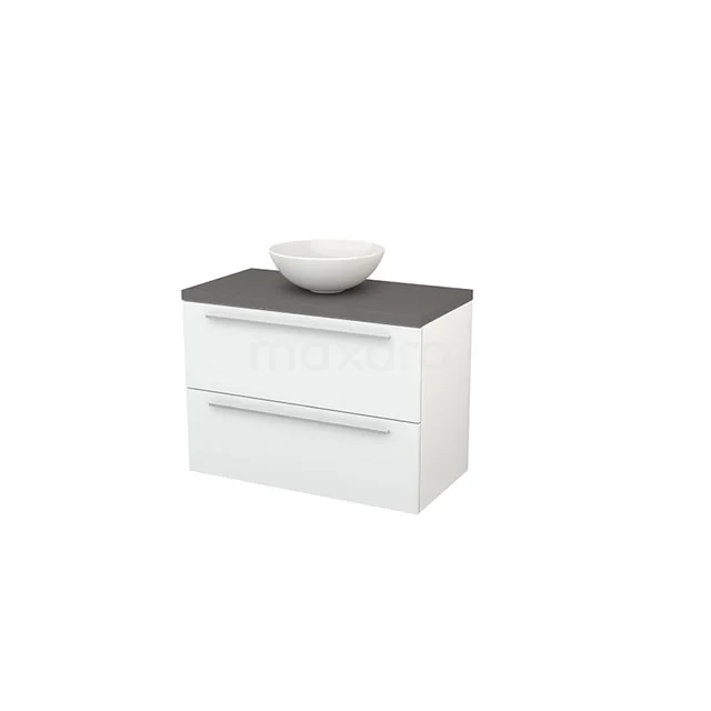 Modulo+ Plato Vanity units for countertop basin | 90 cm High-gloss white Flat front Basalt worktop 2 Stacked drawers BMK001811 White bathroom unit with two drawers, black worktop and integrated vanity units with basin, modern design.