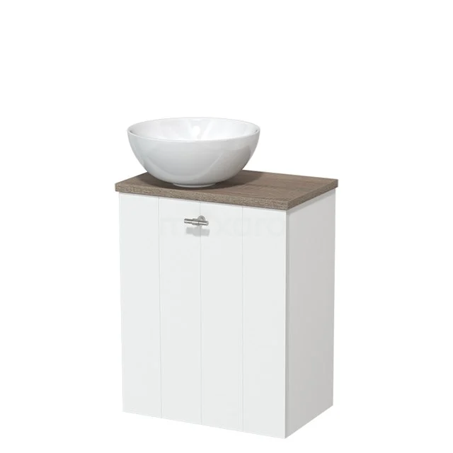 Weißes Badezimmermöbel mit Holzplatte und rundem weißen Aufsatzwaschbecken, kompaktes Design ideal für kleine Bäder.