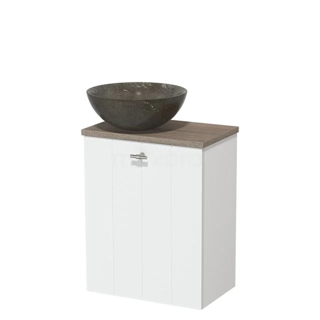 White suspended bathroom unit with wooden worktop and round, black natural stone countertop wash basin; compact design, ideal for small bathrooms.