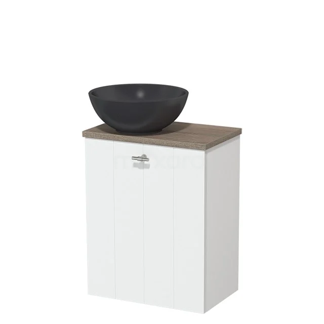 Toiletmeubel met waskom | 41 cm Mat wit Lamel front Mat zwart Quartz waskom Eiken blad TMK10-05709