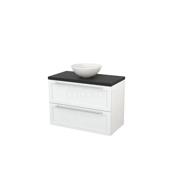 Modulo+ Plato Vanity units for countertop basin | 90 cm High-gloss white Frame front Carbon worktop 2 Stacked drawers BMK001824 White bathroom furniture set with black top, two drawers and modern top-mounted basin; stylish and functional design.