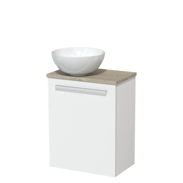 White bathroom unit with wood-look worktop and round top washbasin, compact design for modern bathroom design.