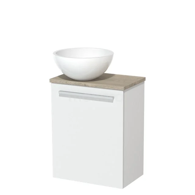 White Bathroom unit with wood-look worktop, fitted with round white top washbasin; modern and compact design for small bathrooms.