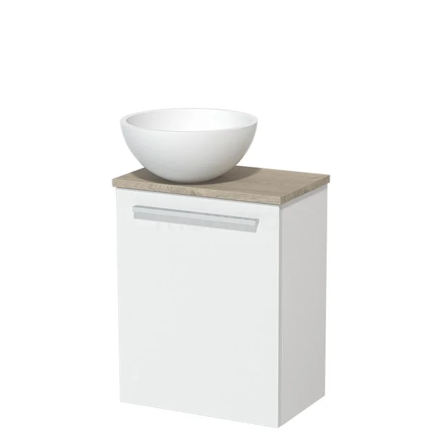 White bathroom cabinet with wooden worktop and round, white countertop wash basin; compact design for modern bathrooms.