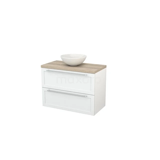 White bathroom cabinet with two drawers, wooden worktop and basin; modern design and ideal for stylish bathroom storage solutions.
