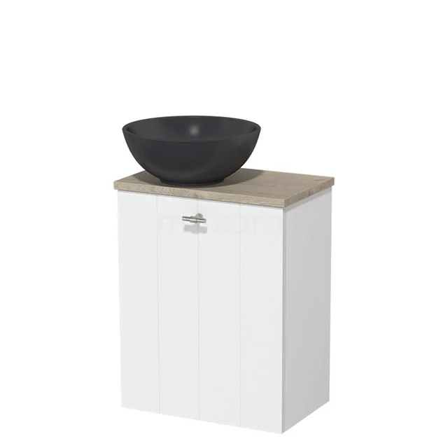 Toilet unit with countertop wash basin | 41 cm Matte white Lamel front Matte black Quartz wash basin Light grey oak worktop TMK10-05729