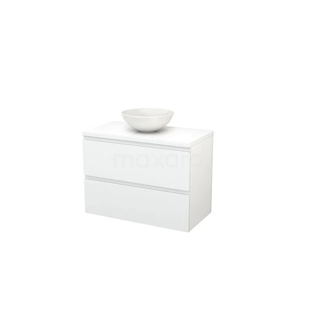White bathroom cabinet with two drawers and ceramic countertop wash basin, sleek design, ideal for modern bathrooms.
