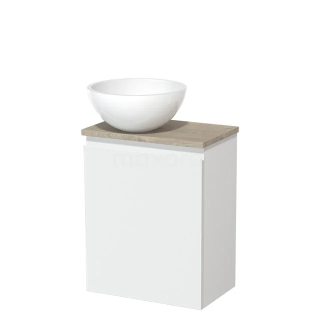 Toilet unit with countertop wash basin | 41 cm Matte white Handleless front High-gloss white Mineral marble basin Light grey oak worktop TMK10-05732