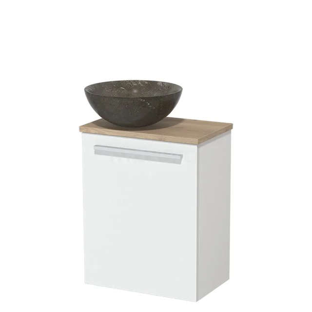 Toiletmeubel met waskom | 41 cm Mat wit Vlak front Blue stone Natuursteen waskom Lichtbruin eiken blad TMK10-02796