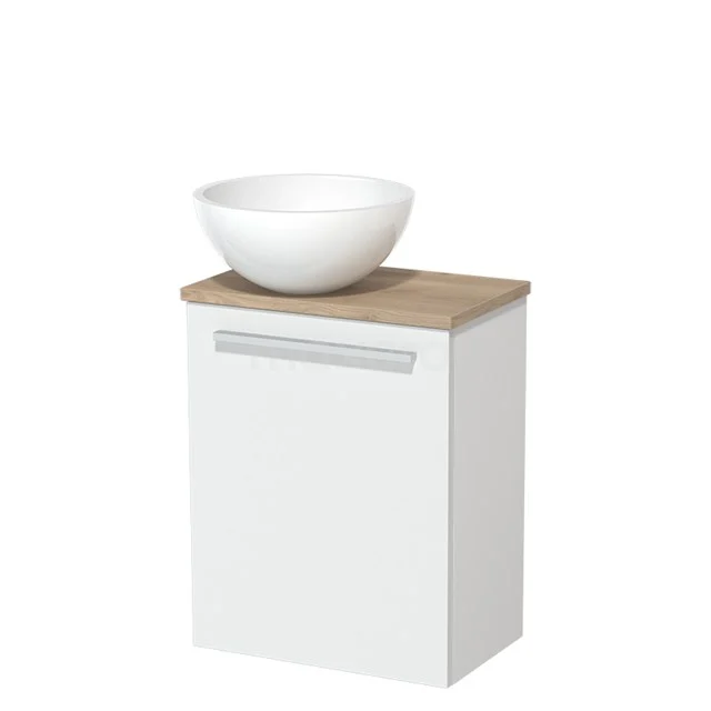 Toilet unit with wash basin | 41 cm Matte white Flat front High-gloss white Mineral marble basin Light brown oak worktop TMK10-02797