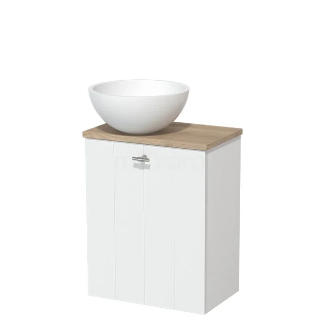 Toilet unit with countertop wash basin | 41 cm Matte white Lamel front Matte white Solid surface wash basin Light brown oak worktop TMK10-02803