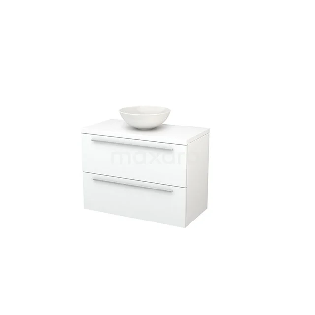 Modulo+ Plato Vanity units for countertop basin | 90 cm Matte white Flat front Matte white worktop 2 Stacked drawers BMK001834 White bathroom unit with two drawers and a modern ceramic basin, ideal for stylish and compact bathroom spaces.