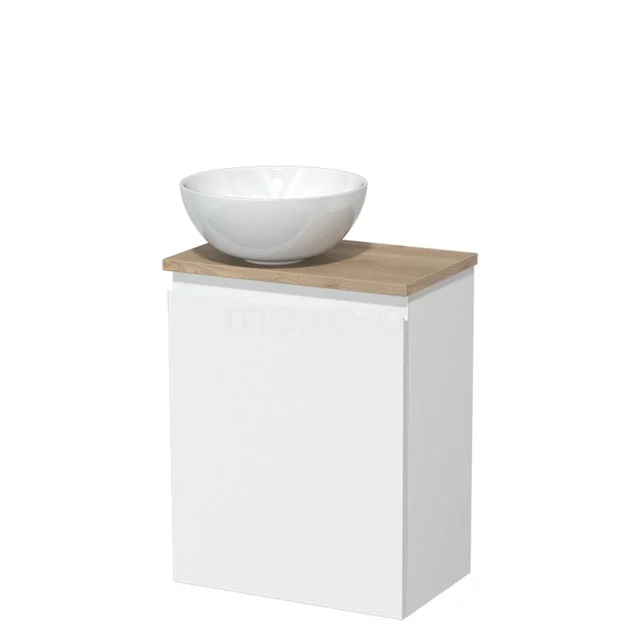 Toilet unit with countertop wash basin | 41 cm Matte white Handleless front High-gloss white Ceramic basin Light brown oak worktop TMK10-02805