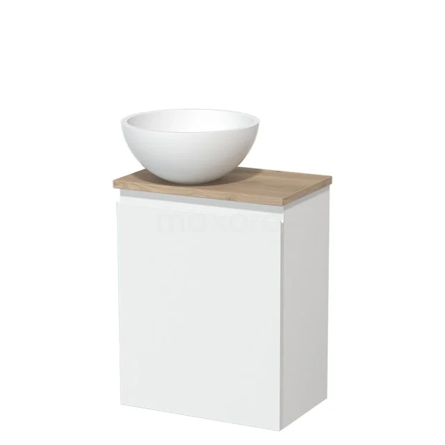 Toilet unit with countertop wash basin | 41 cm Matt white Handleless front Matte white Solid surface wash basin Light brown oak worktop TMK10-02808
