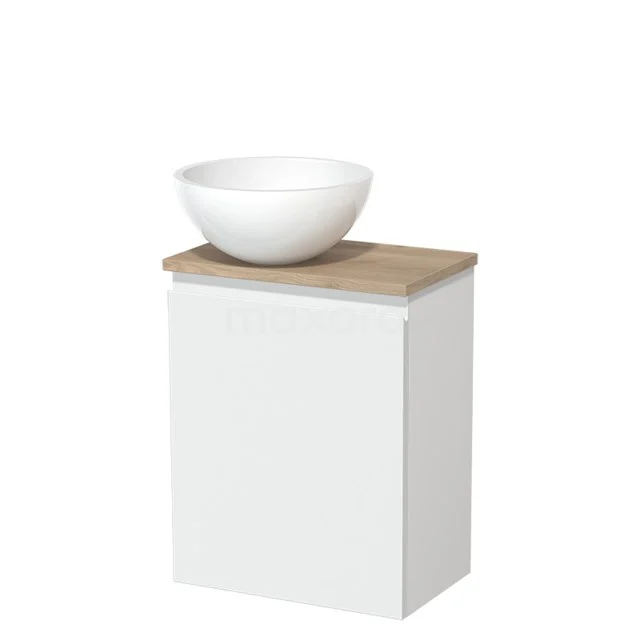 Toilet unit with countertop wash basin | 41 cm Matte white Handleless front High-gloss white Mineral marble basin Light brown oak worktop TMK10-02812