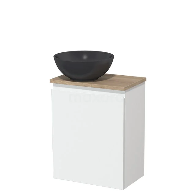 Toilet unit with countertop wash basin | 41 cm Matte white Handleless front Matte black Quartz basin Light brown oak worktop TMK10-02814