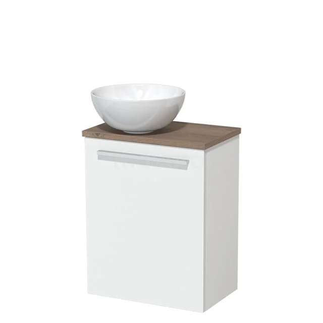WC-Möbel mit Aufsatzwaschbecken | 41 cm Matt Weiß Glatte Front Hochglanz Weiß Keramik-Aufsatzwaschbecken Mittelbraune Eiche TMK10-04507 Weißer Badschrank mit Holzoptik Platte und runder Keramik Aufsatzwaschbecken, ideal für kompakte und stilvolle Badezimmeranordnungen.