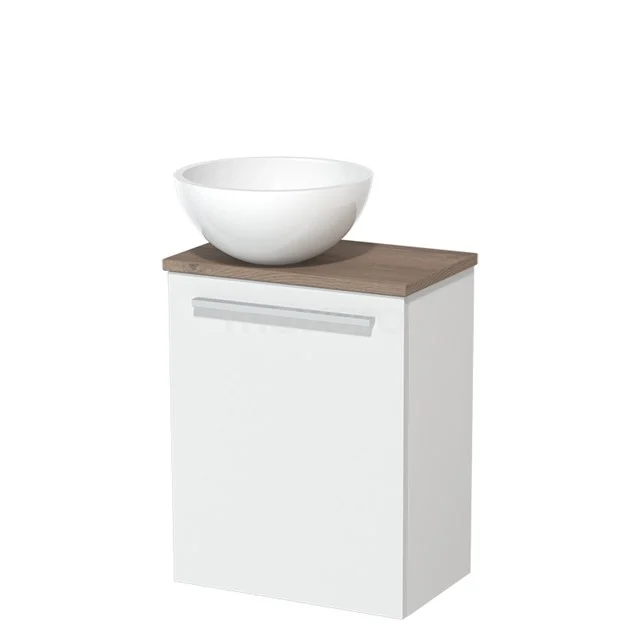 Toiletmeubel met waskom | 41 cm Mat wit Vlak front Hoogglans wit Mineraalmarmer waskom Middenbruin eiken blad TMK10-04509