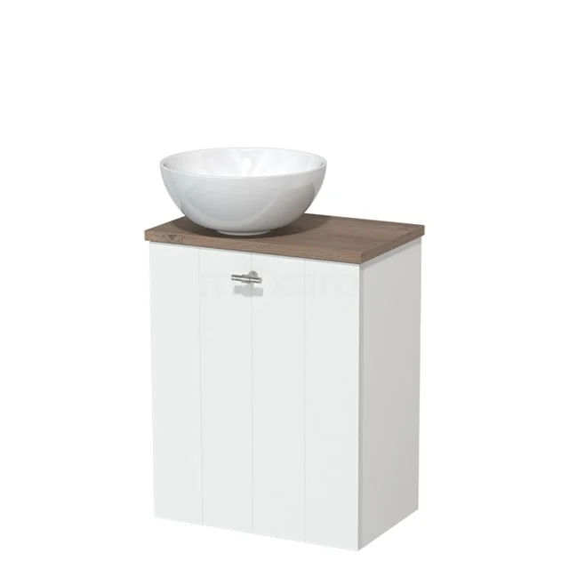 Weißer Badschrank mit Holzplatte und runder weißer Waschbecken, kompaktes Design für moderne Bäder.